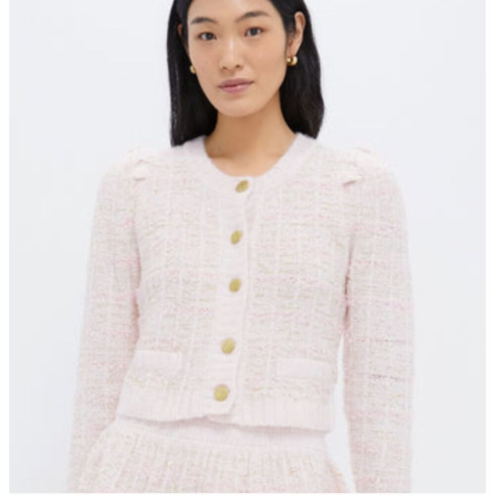 Moon River Pink Tweed Knit Crop Cardigan Gold Button Coquette Shacket Sweater M